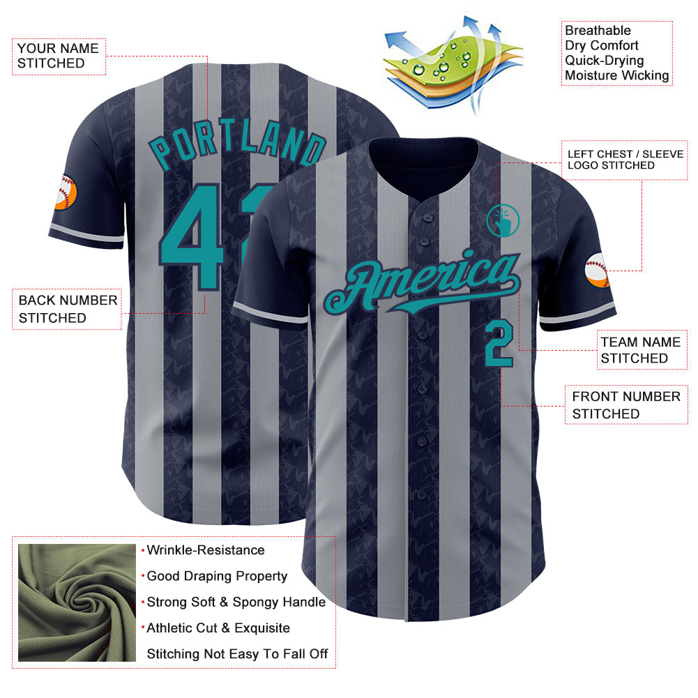 Custom Navy Teal-Gray Classic Vertical Stripe Fluid Liquid Texture Authentic Baseball Jersey view 3