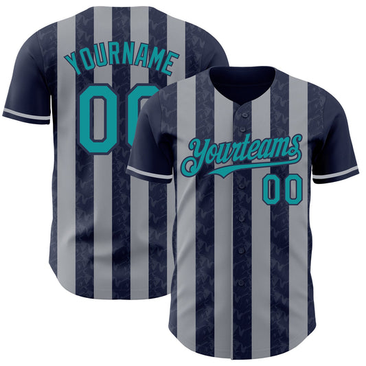Custom Navy Teal-Gray Classic Vertical Stripe Fluid Liquid Texture Authentic Baseball Jersey - Main View