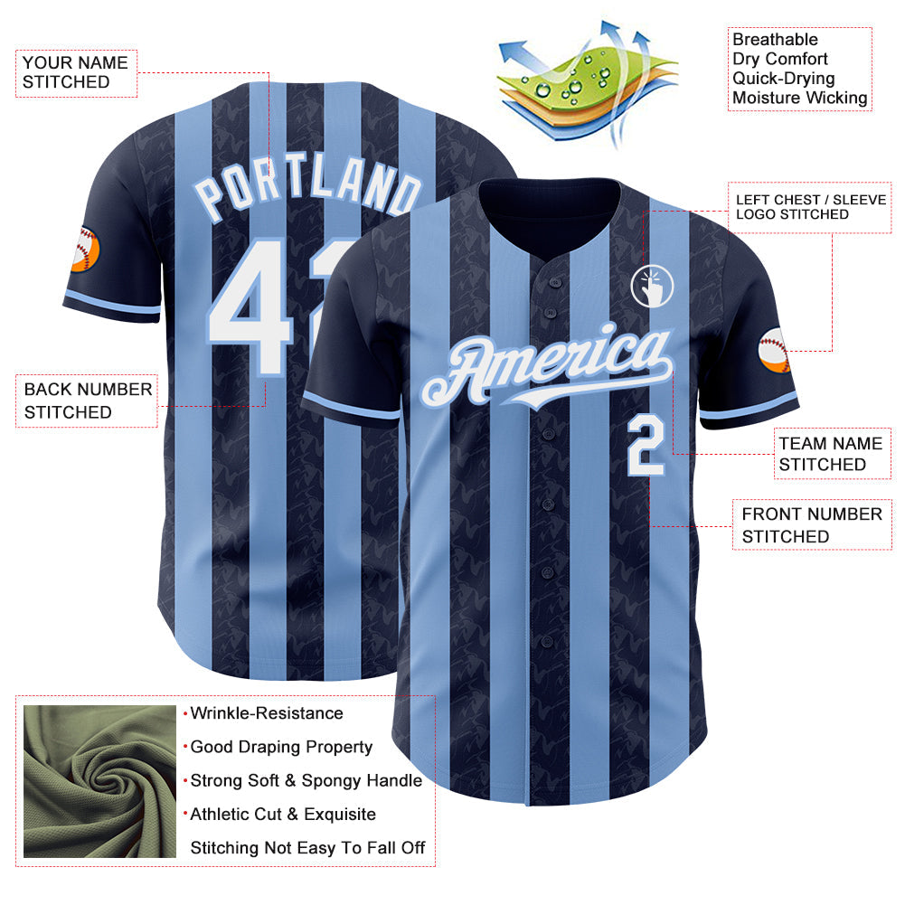 Custom Navy White-Light Blue Classic Vertical Stripe Fluid Liquid Texture Authentic Baseball Jersey view 3