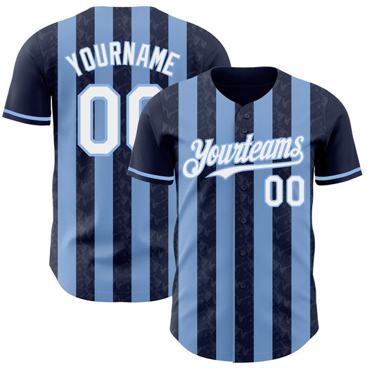 Custom Navy White-Light Blue Classic Vertical Stripe Fluid Liquid Texture Authentic Baseball Jersey - Main View