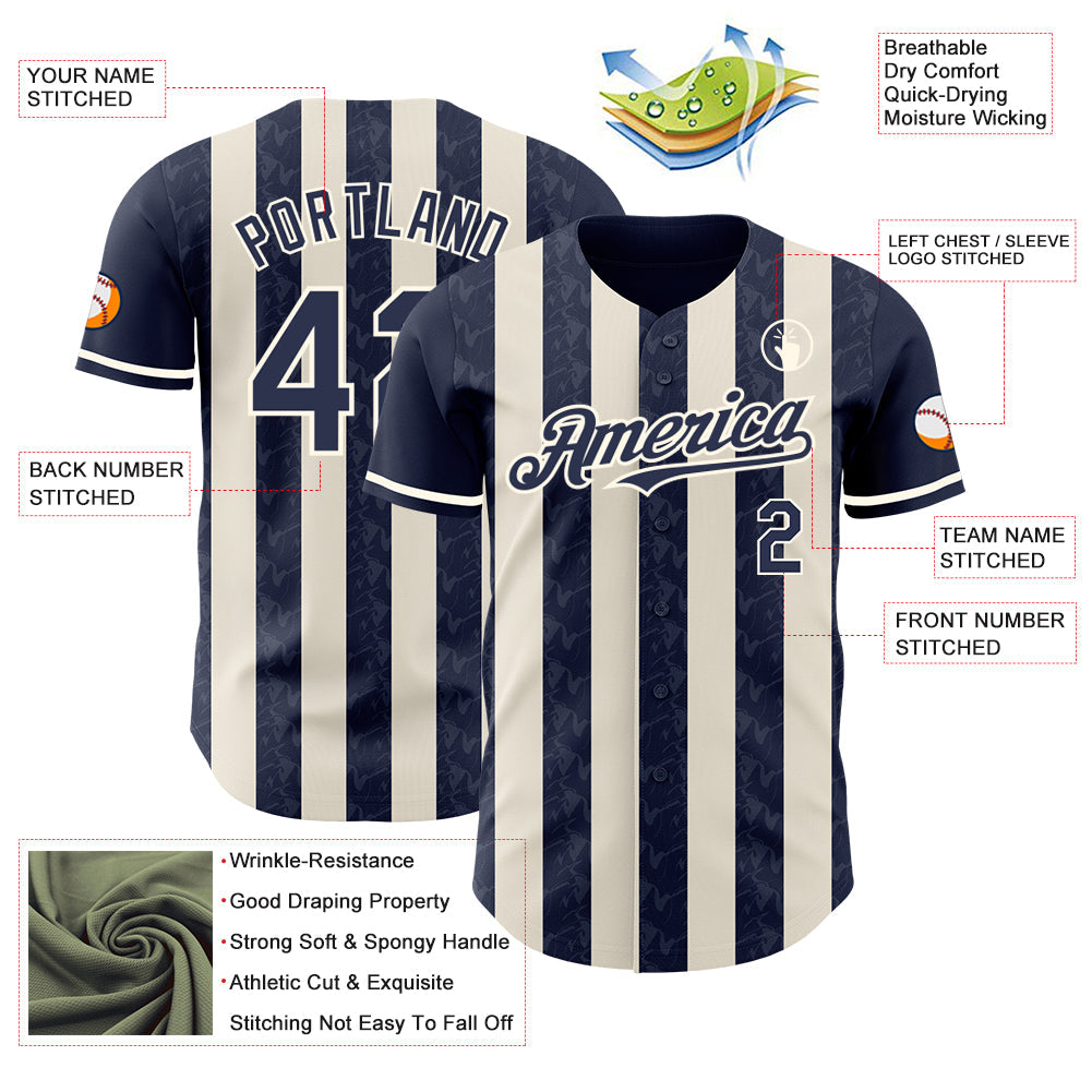 Custom Navy Cream-Cream Classic Vertical Stripe Fluid Liquid Texture Authentic Baseball Jersey view 3