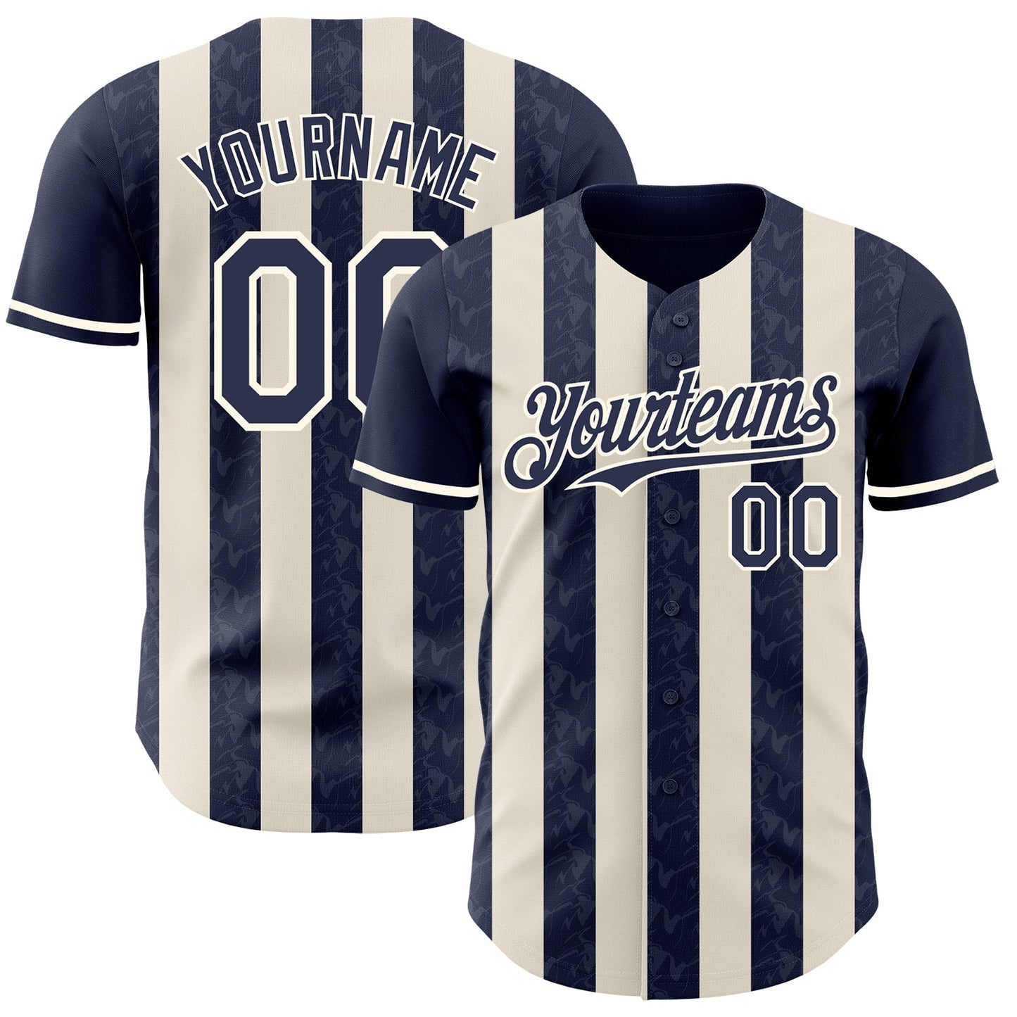 Custom Navy Cream-Cream Classic Vertical Stripe Fluid Liquid Texture Authentic Baseball Jersey - Main View