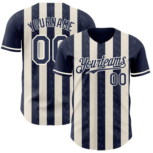 Custom Navy Cream-Cream Classic Vertical Stripe Fluid Liquid Texture Authentic Baseball Jersey - Main View