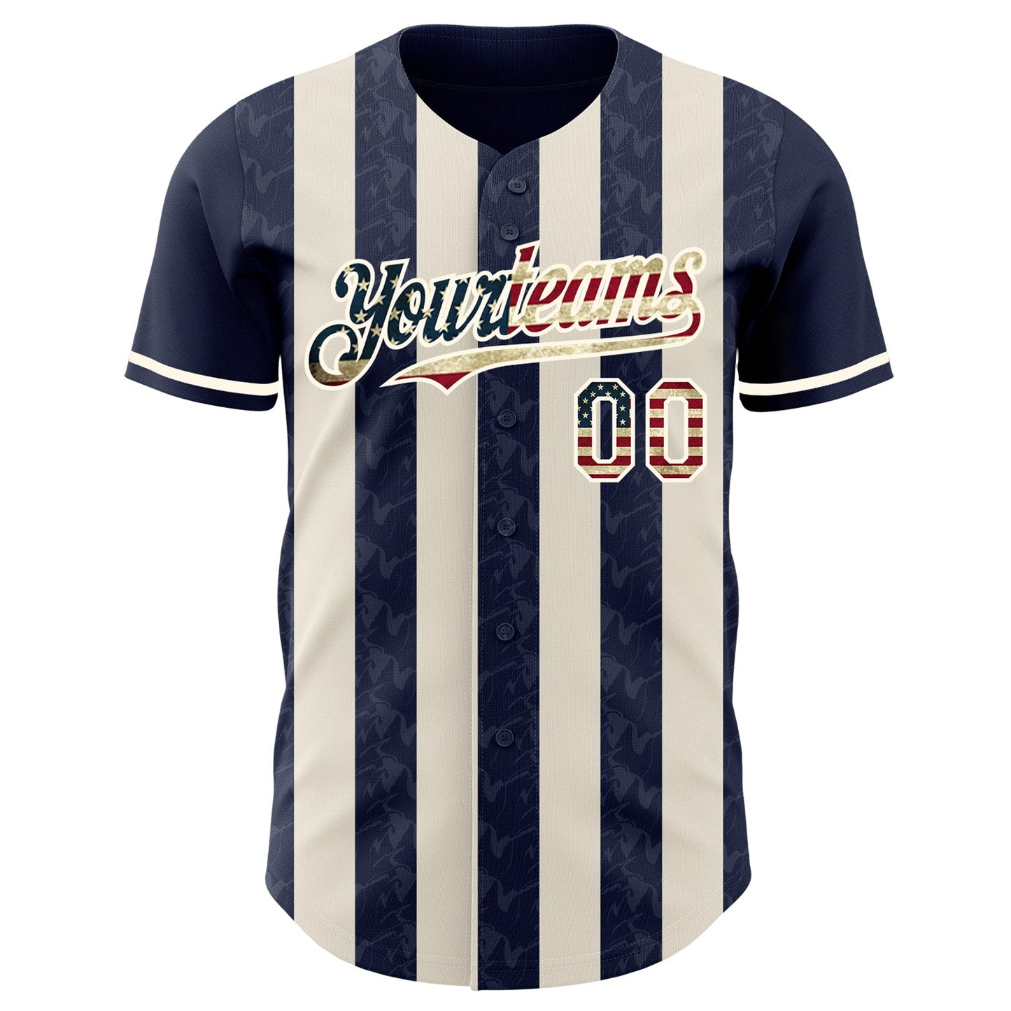 Custom Navy Vintage USA Flag Cream-Cream Classic Vertical Stripe Fluid Liquid Texture Authentic Baseball Jersey view 2