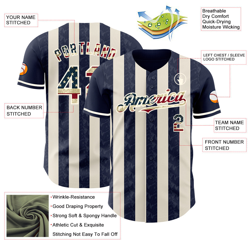 Custom Navy Vintage USA Flag Cream-Cream Classic Vertical Stripe Fluid Liquid Texture Authentic Baseball Jersey view 3