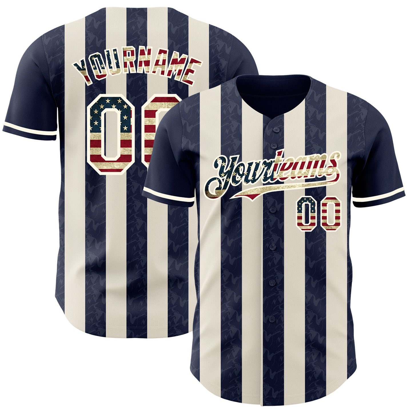 Custom Navy Vintage USA Flag Cream-Cream Classic Vertical Stripe Fluid Liquid Texture Authentic Baseball Jersey - Main View