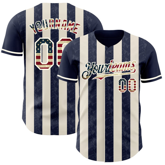 Custom Navy Vintage USA Flag Cream-Cream Classic Vertical Stripe Fluid Liquid Texture Authentic Baseball Jersey - Main View