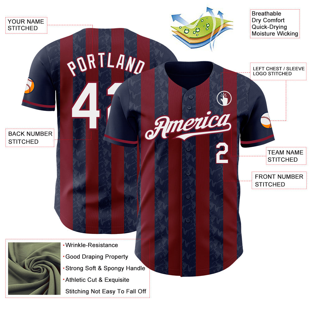 Custom Navy White-Crimson Classic Vertical Stripe Fluid Liquid Texture Authentic Baseball Jersey view 3