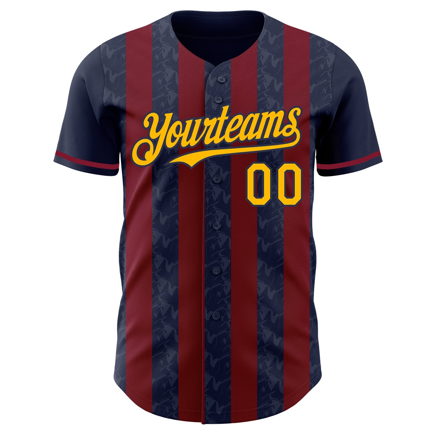 Custom Navy Gold-Crimson Classic Vertical Stripe Fluid Liquid Texture Authentic Baseball Jersey view 2