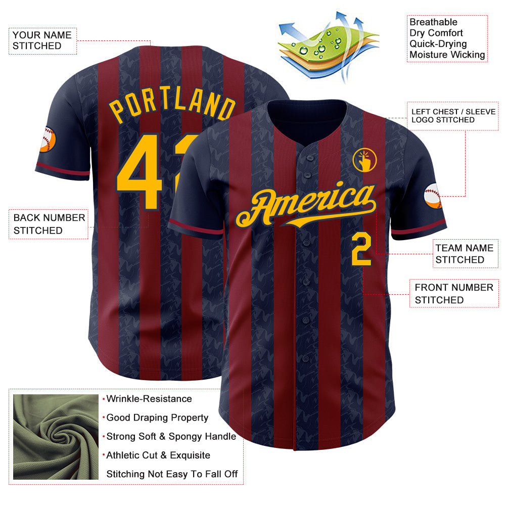 Custom Navy Gold-Crimson Classic Vertical Stripe Fluid Liquid Texture Authentic Baseball Jersey view 3