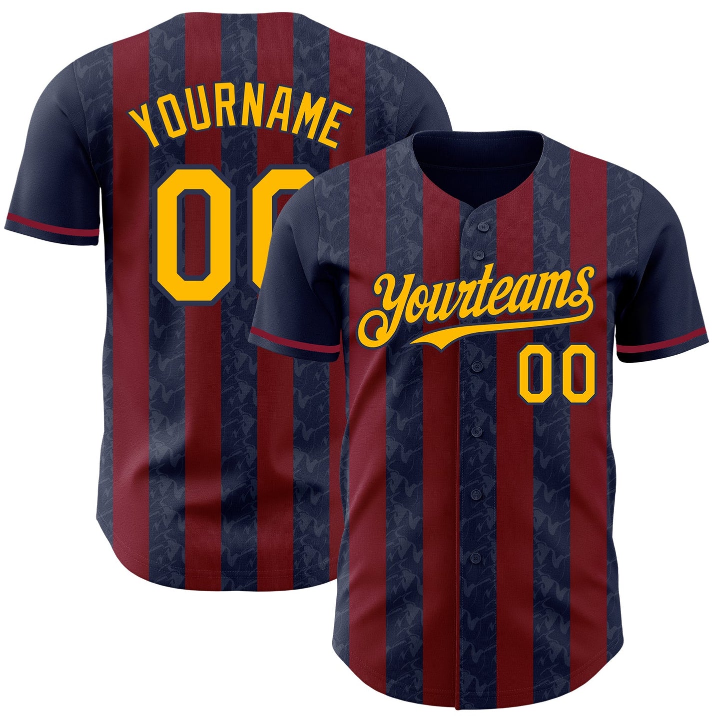 Custom Navy Gold-Crimson Classic Vertical Stripe Fluid Liquid Texture Authentic Baseball Jersey - Main View