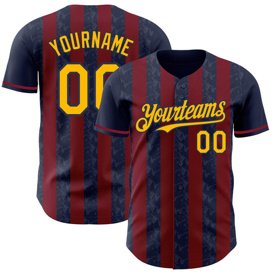 Custom Navy Gold-Crimson Classic Vertical Stripe Fluid Liquid Texture Authentic Baseball Jersey - Main View