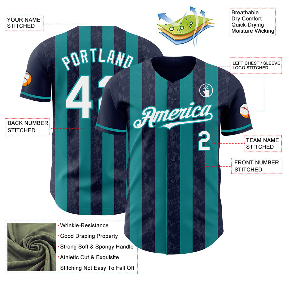 Custom Navy White-Teal Classic Vertical Stripe Fluid Liquid Texture Authentic Baseball Jersey view 3