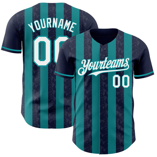 Custom Navy White-Teal Classic Vertical Stripe Fluid Liquid Texture Authentic Baseball Jersey - Main View