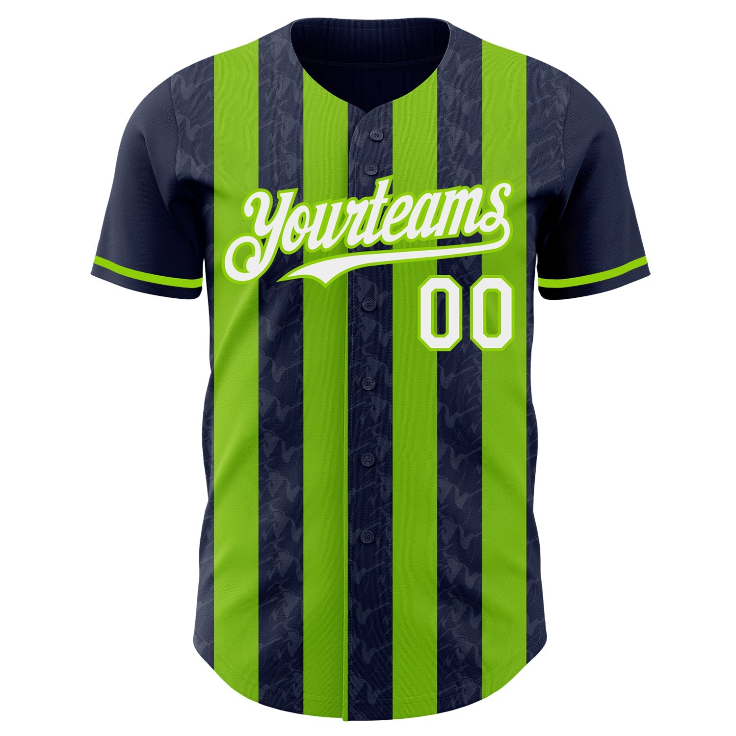 Custom Navy White-Neon Green Classic Vertical Stripe Fluid Liquid Texture Authentic Baseball Jersey view 2