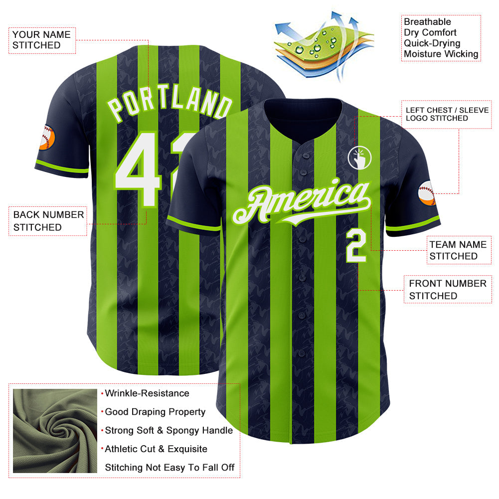 Custom Navy White-Neon Green Classic Vertical Stripe Fluid Liquid Texture Authentic Baseball Jersey view 3