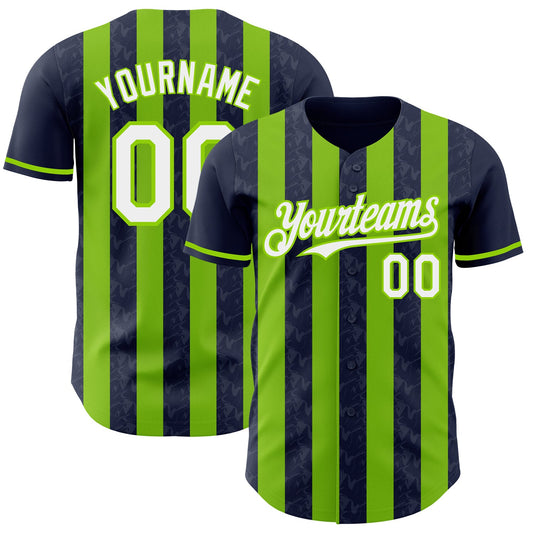 Custom Navy White-Neon Green Classic Vertical Stripe Fluid Liquid Texture Authentic Baseball Jersey - Main View