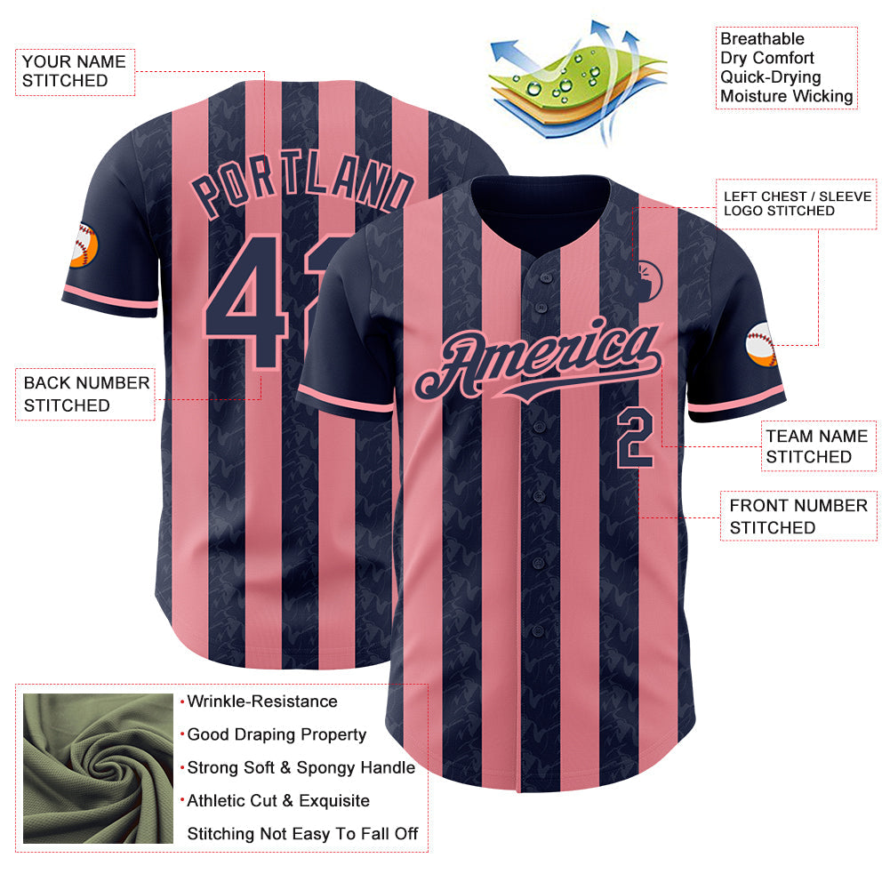 Custom Navy-Medium Pink Classic Vertical Stripe Fluid Liquid Texture Authentic Baseball Jersey view 3