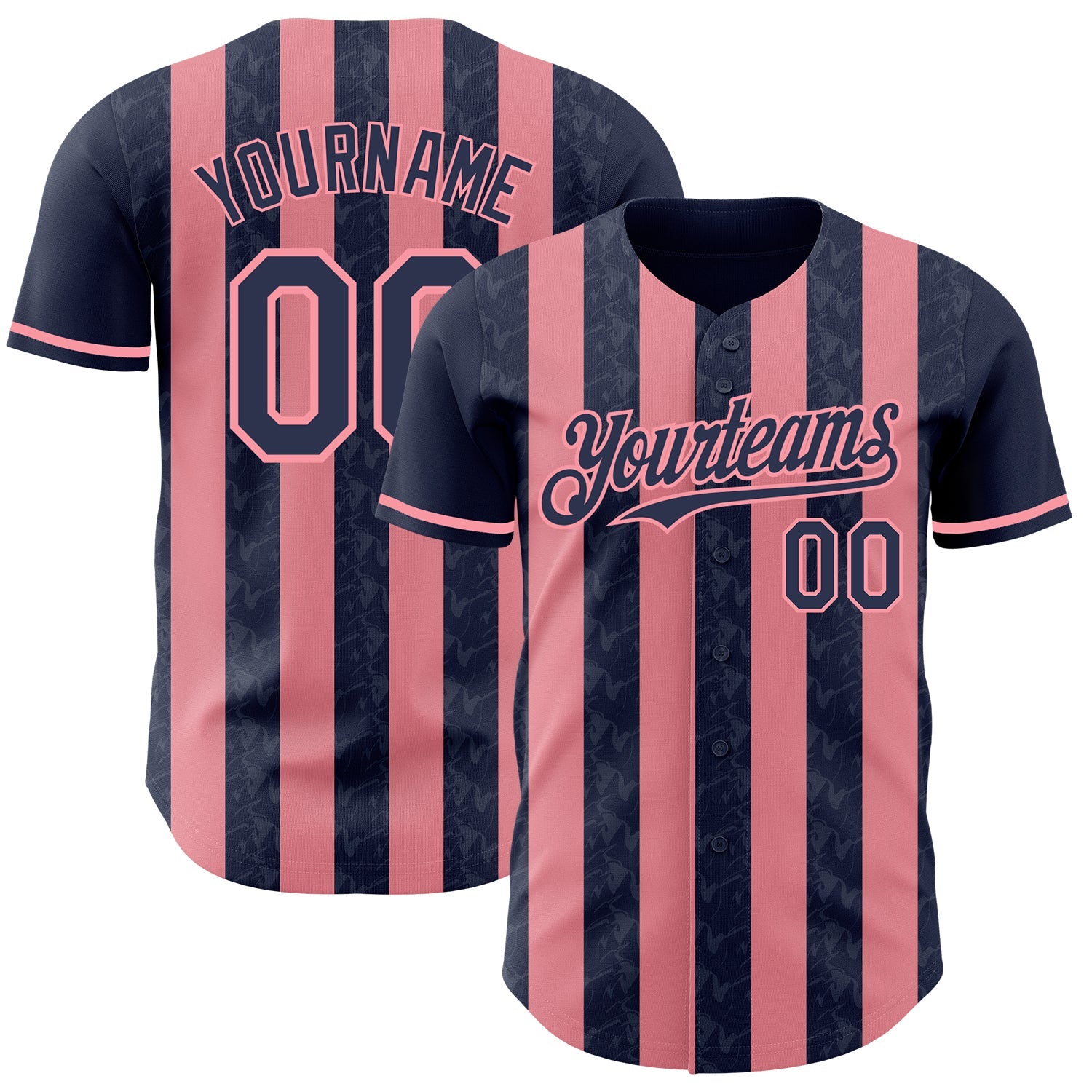 Custom Navy-Medium Pink Classic Vertical Stripe Fluid Liquid Texture Authentic Baseball Jersey - Main View