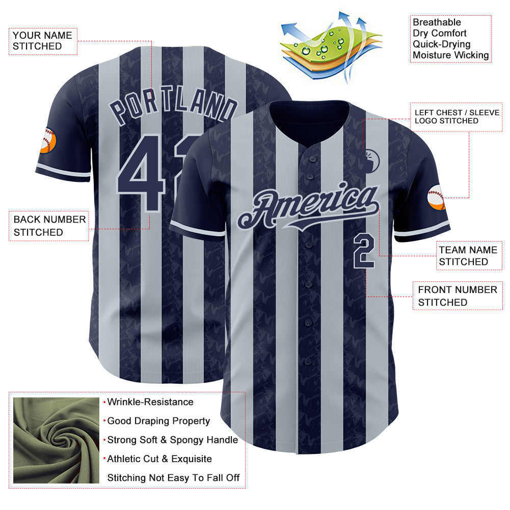 Custom Navy-Silver Classic Vertical Stripe Fluid Liquid Texture Authentic Baseball Jersey view 3