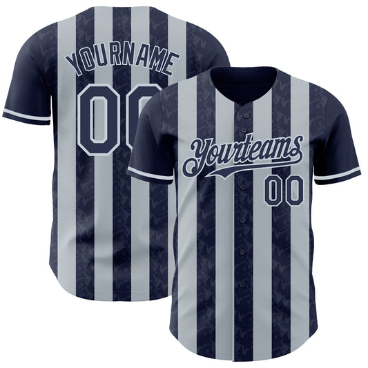 Custom Navy-Silver Classic Vertical Stripe Fluid Liquid Texture Authentic Baseball Jersey - Main View