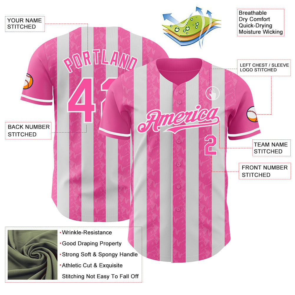 Custom Pink-White Classic Vertical Stripe Fluid Liquid Texture Authentic Baseball Jersey view 3