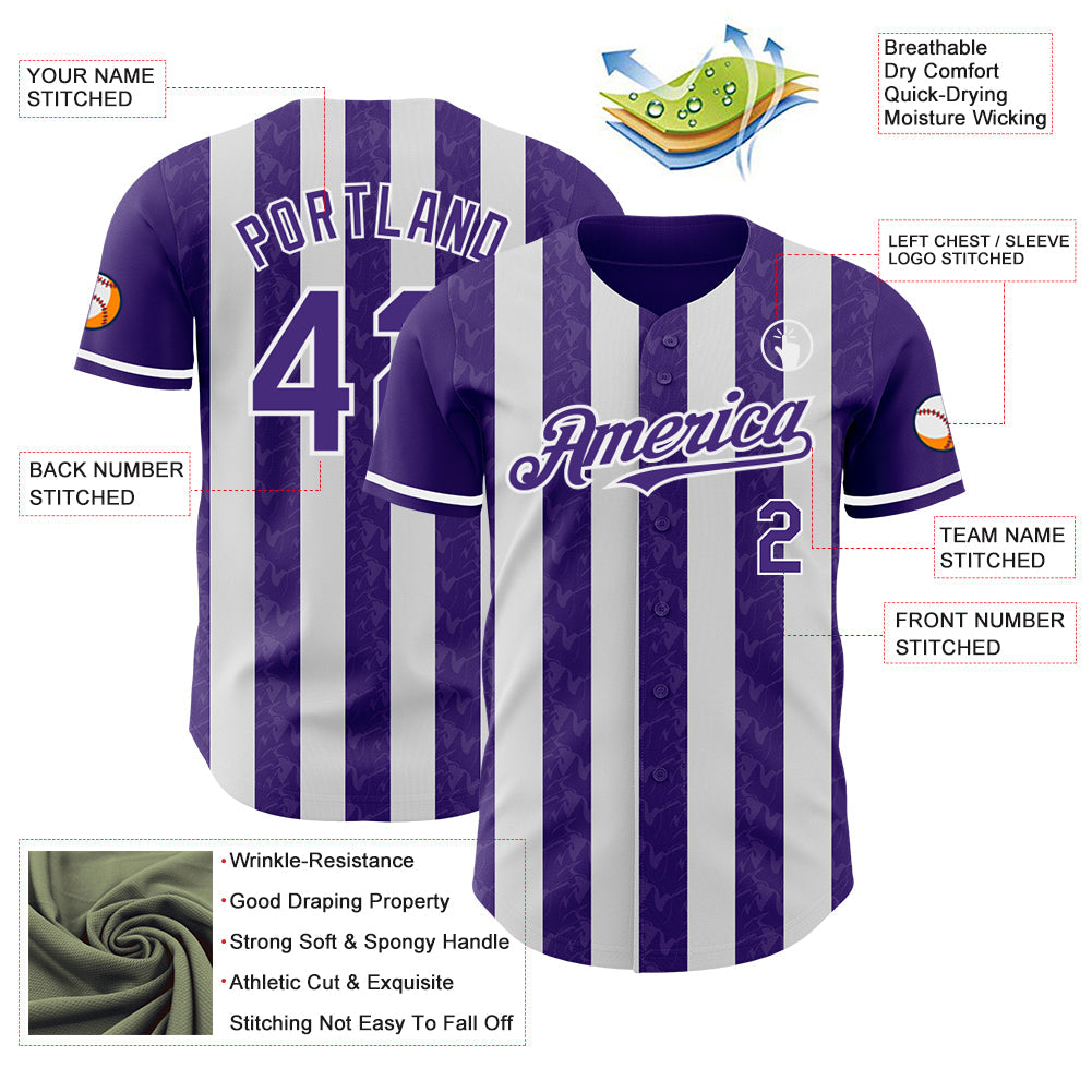 Custom Purple-White Classic Vertical Stripe Fluid Liquid Texture Authentic Baseball Jersey view 3