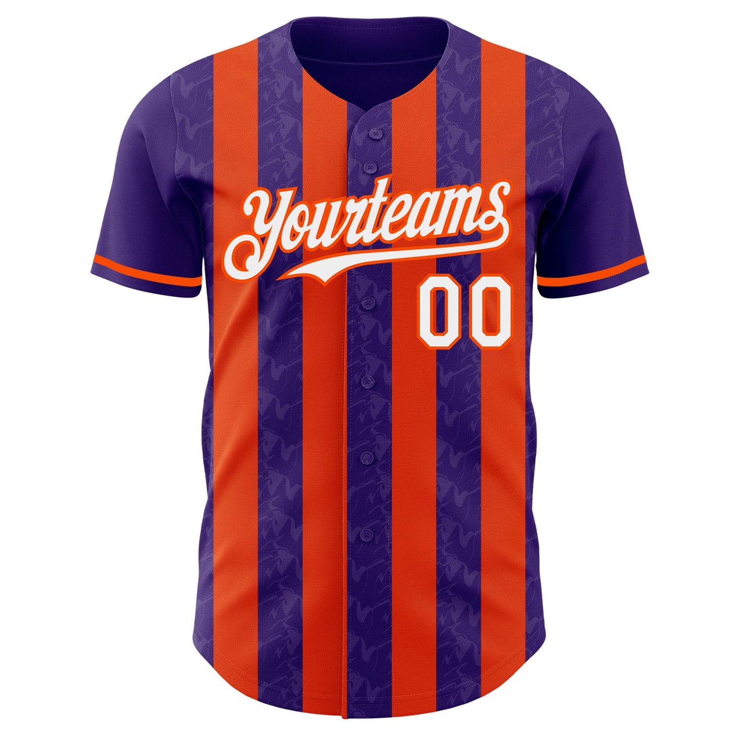 Custom Purple White-Orange Classic Vertical Stripe Fluid Liquid Texture Authentic Baseball Jersey view 2