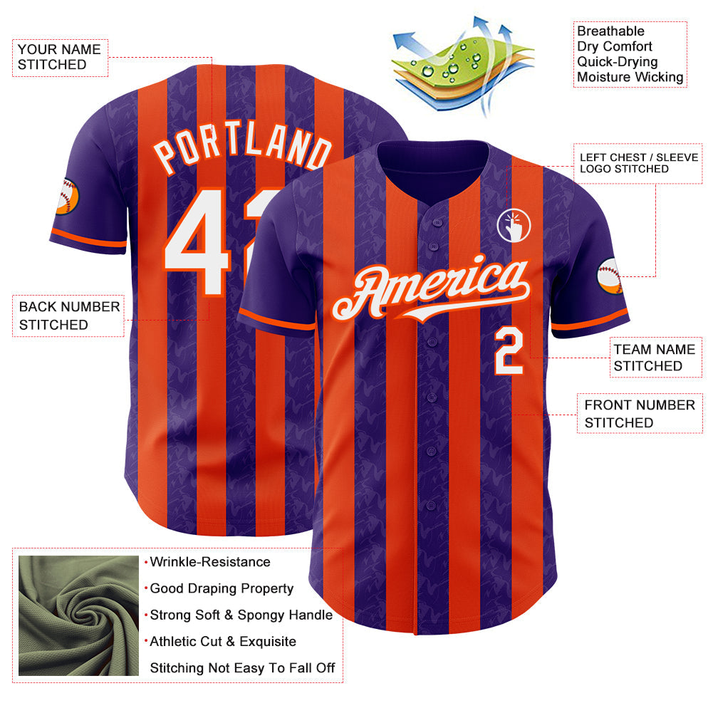 Custom Purple White-Orange Classic Vertical Stripe Fluid Liquid Texture Authentic Baseball Jersey view 3