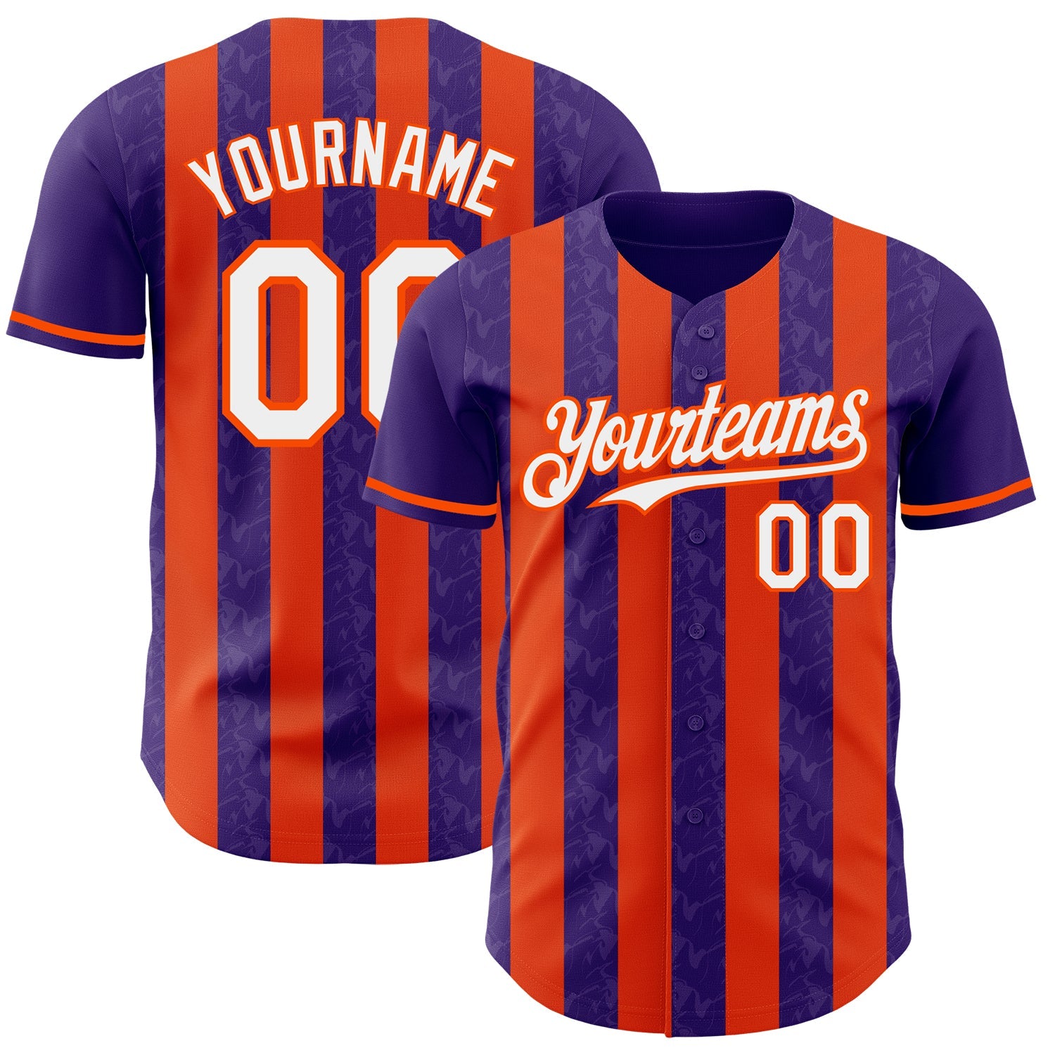 Custom Purple White-Orange Classic Vertical Stripe Fluid Liquid Texture Authentic Baseball Jersey - Main View