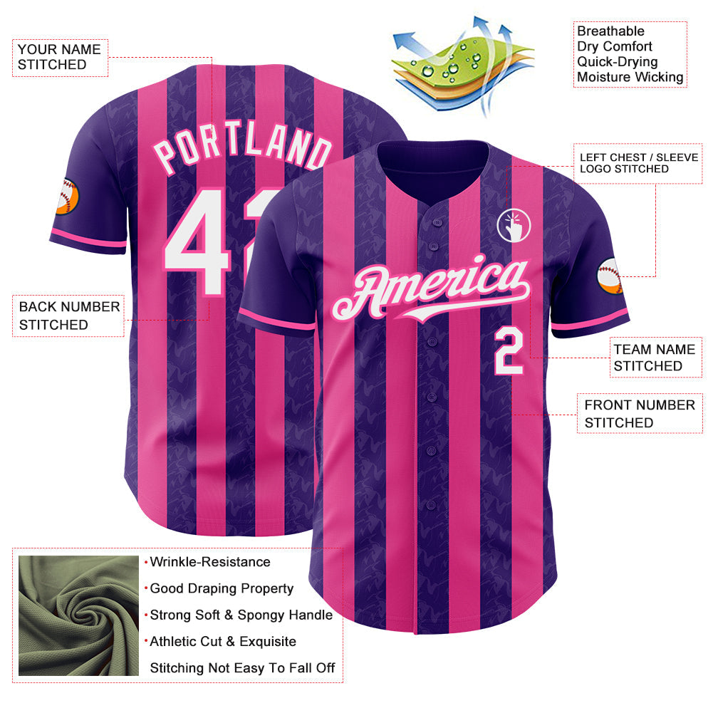 Custom Purple White-Pink Classic Vertical Stripe Fluid Liquid Texture Authentic Baseball Jersey view 3