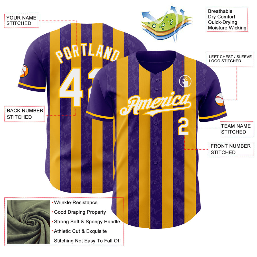 Custom Purple White-Gold Classic Vertical Stripe Fluid Liquid Texture Authentic Baseball Jersey view 3