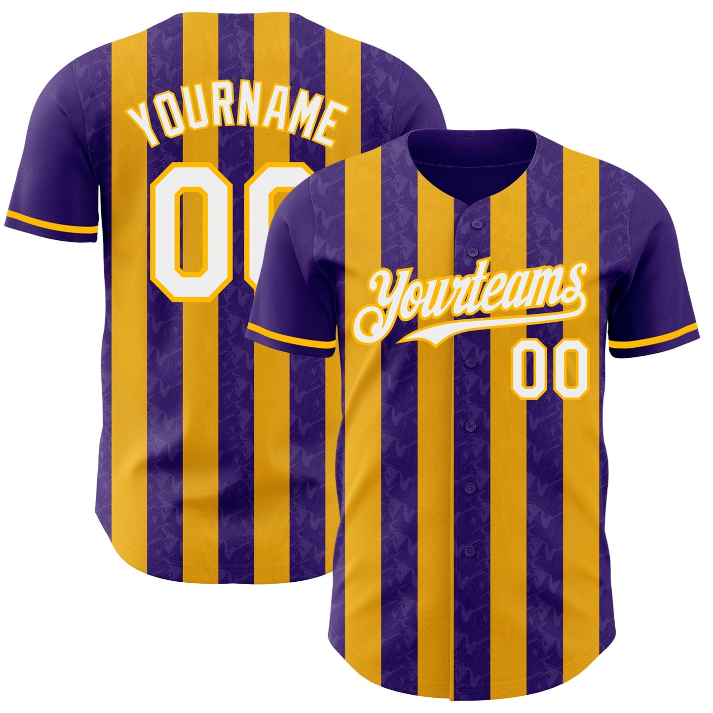 Custom Purple White-Gold Classic Vertical Stripe Fluid Liquid Texture Authentic Baseball Jersey - Main View