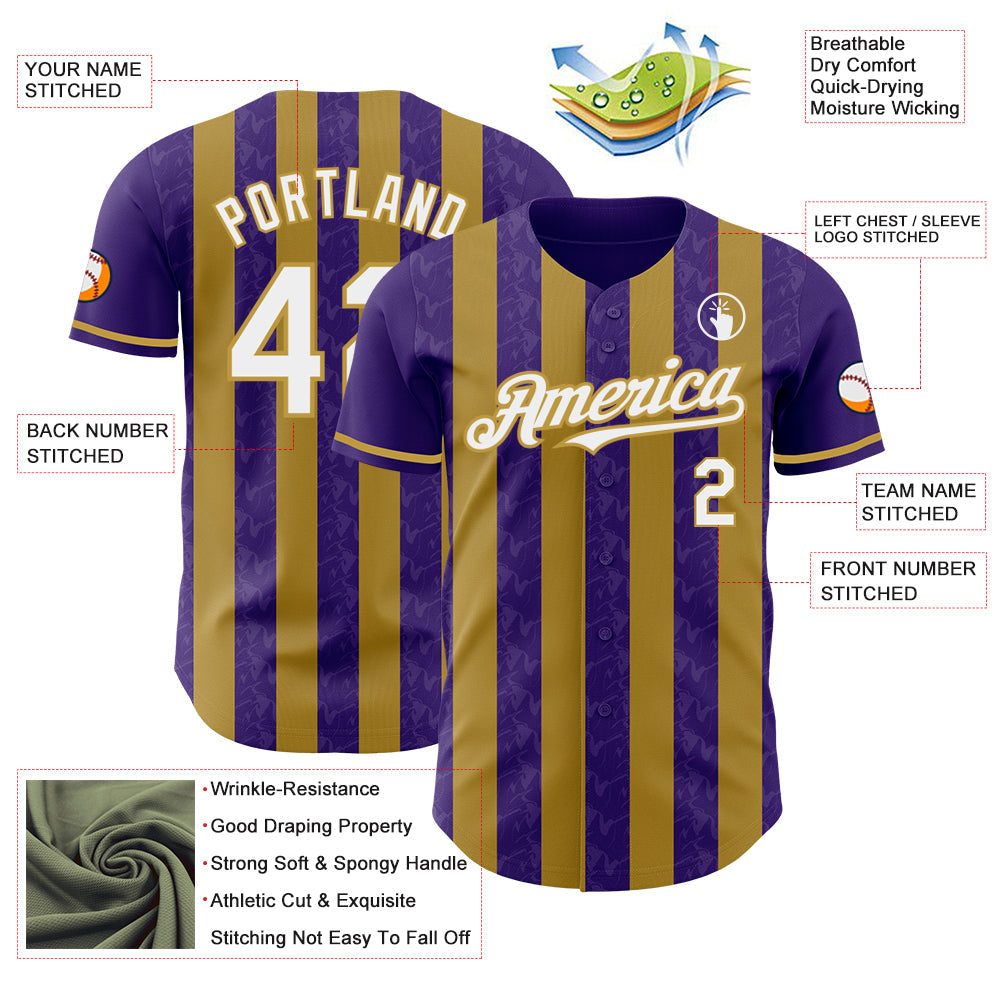 Custom Purple White-Old Gold Classic Vertical Stripe Fluid Liquid Texture Authentic Baseball Jersey view 3