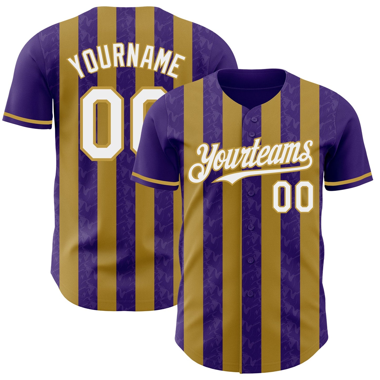 Custom Purple White-Old Gold Classic Vertical Stripe Fluid Liquid Texture Authentic Baseball Jersey - Main View