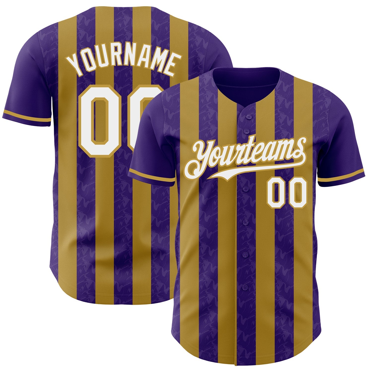 Custom Purple White-Old Gold Classic Vertical Stripe Fluid Liquid Texture Authentic Baseball Jersey - Main View