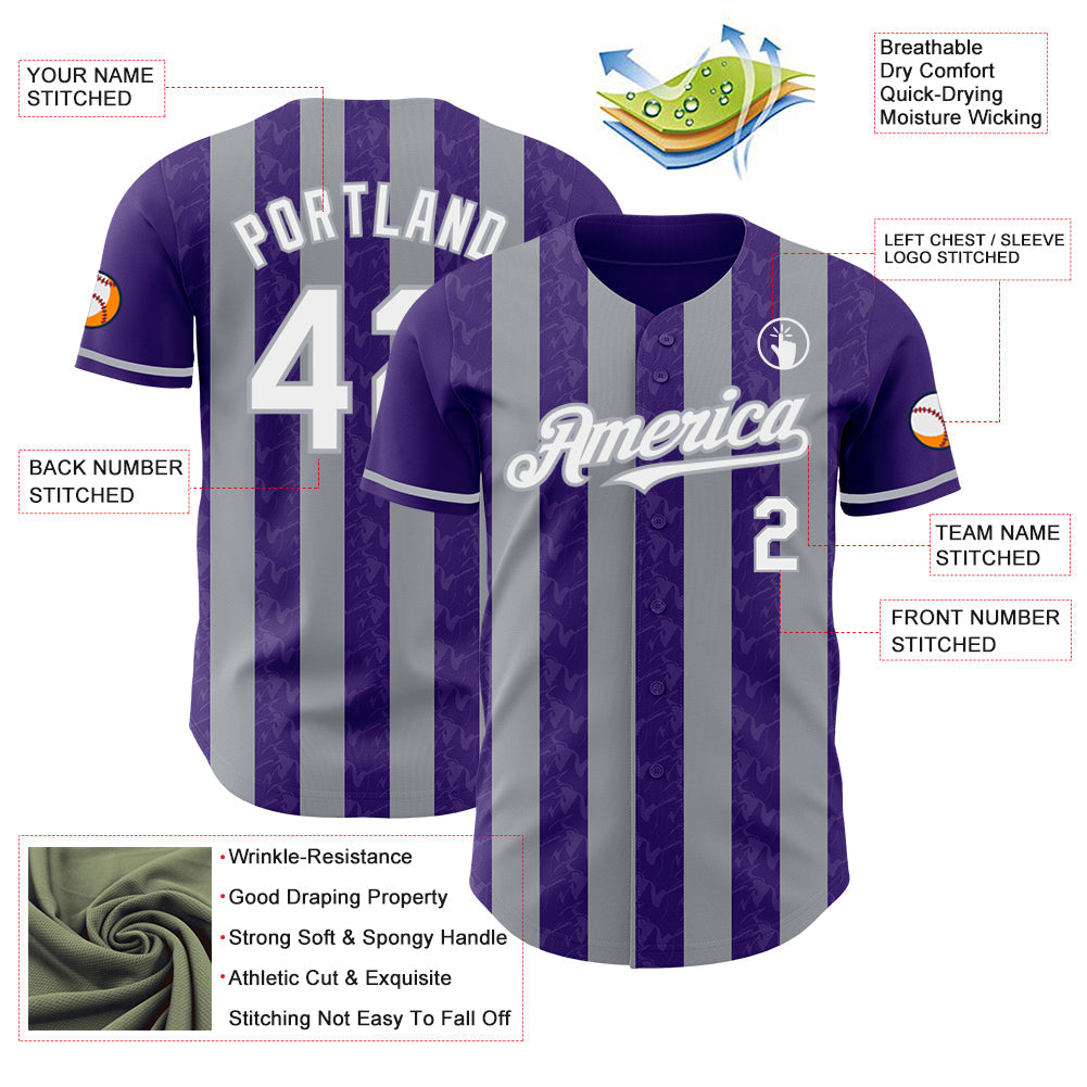 Custom Purple White-Gray Classic Vertical Stripe Fluid Liquid Texture Authentic Baseball Jersey view 3