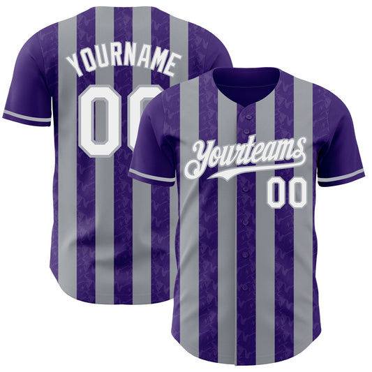 Custom Purple White-Gray Classic Vertical Stripe Fluid Liquid Texture Authentic Baseball Jersey - Main View