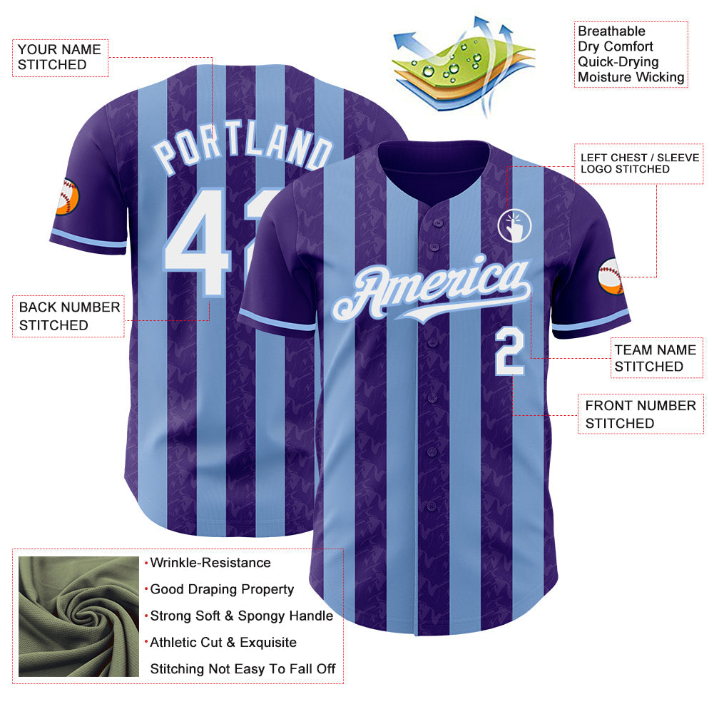 Custom Purple White-Light Blue Classic Vertical Stripe Fluid Liquid Texture Authentic Baseball Jersey view 3
