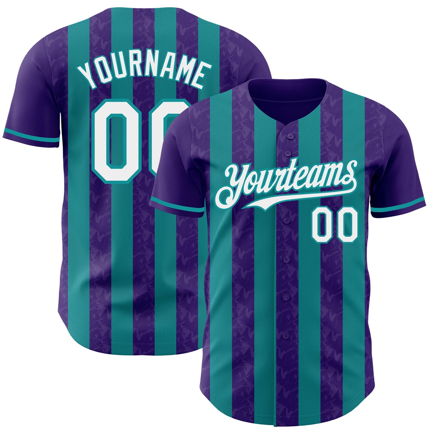 Custom Purple White-Teal Classic Vertical Stripe Fluid Liquid Texture Authentic Baseball Jersey - Main View