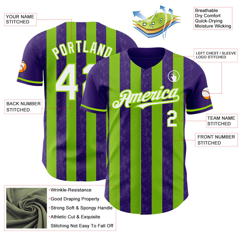 Custom Purple White-Neon Green Classic Vertical Stripe Fluid Liquid Texture Authentic Baseball Jersey view 3