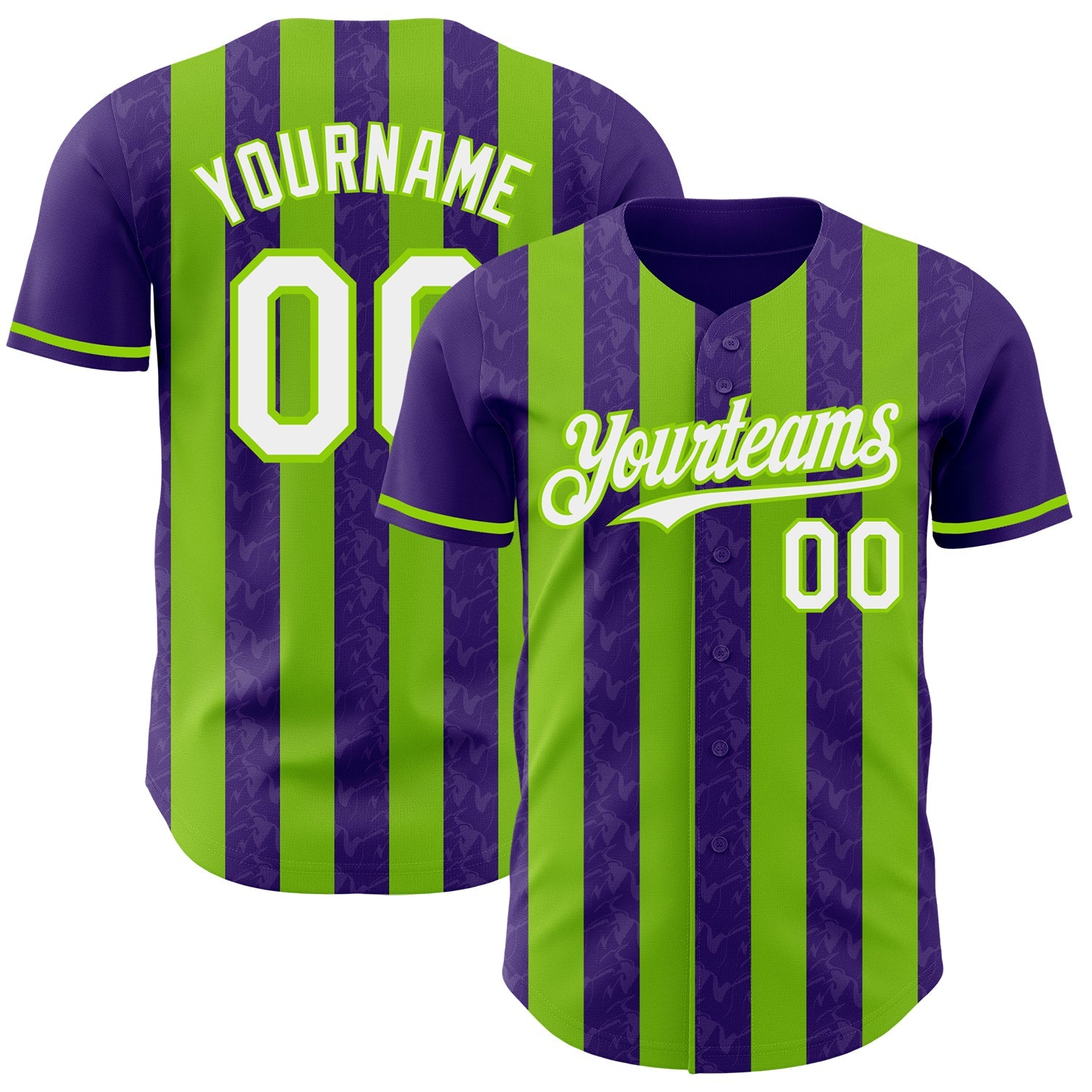 Custom Purple White-Neon Green Classic Vertical Stripe Fluid Liquid Texture Authentic Baseball Jersey - Main View