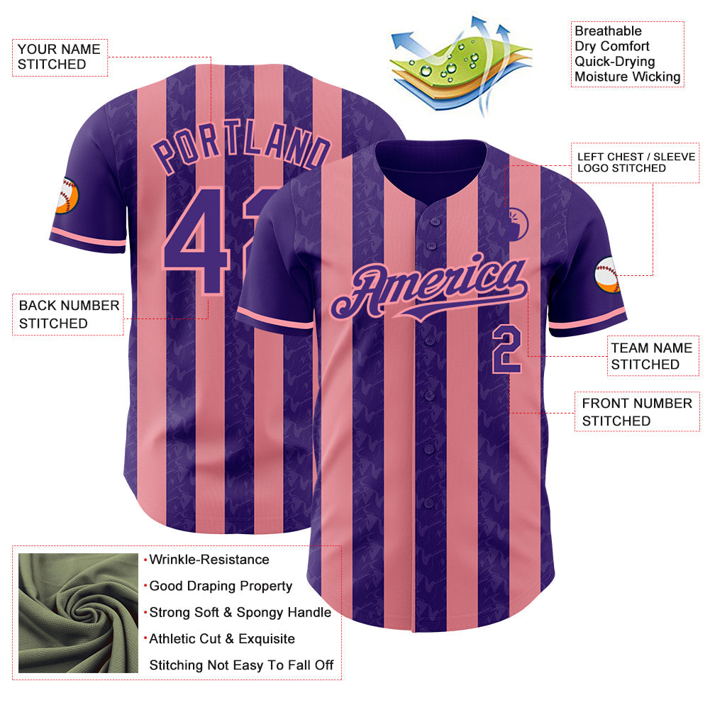 Custom Purple-Medium Pink Classic Vertical Stripe Fluid Liquid Texture Authentic Baseball Jersey view 3
