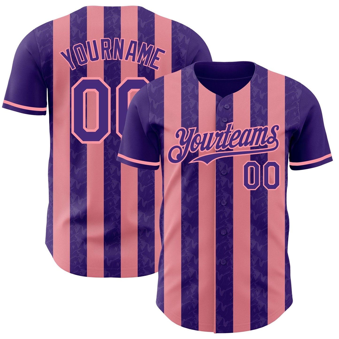 Custom Purple-Medium Pink Classic Vertical Stripe Fluid Liquid Texture Authentic Baseball Jersey - Main View