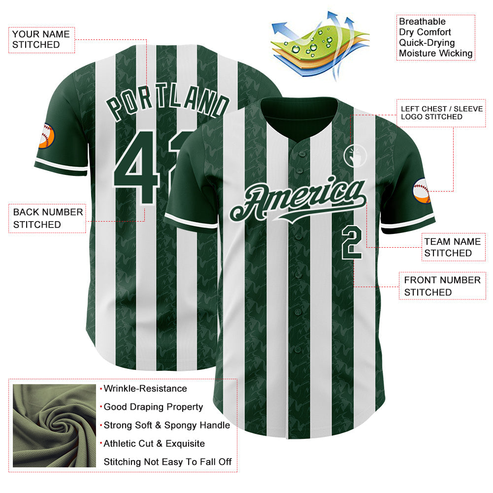 Custom Green-White Classic Vertical Stripe Fluid Liquid Texture Authentic Baseball Jersey view 3