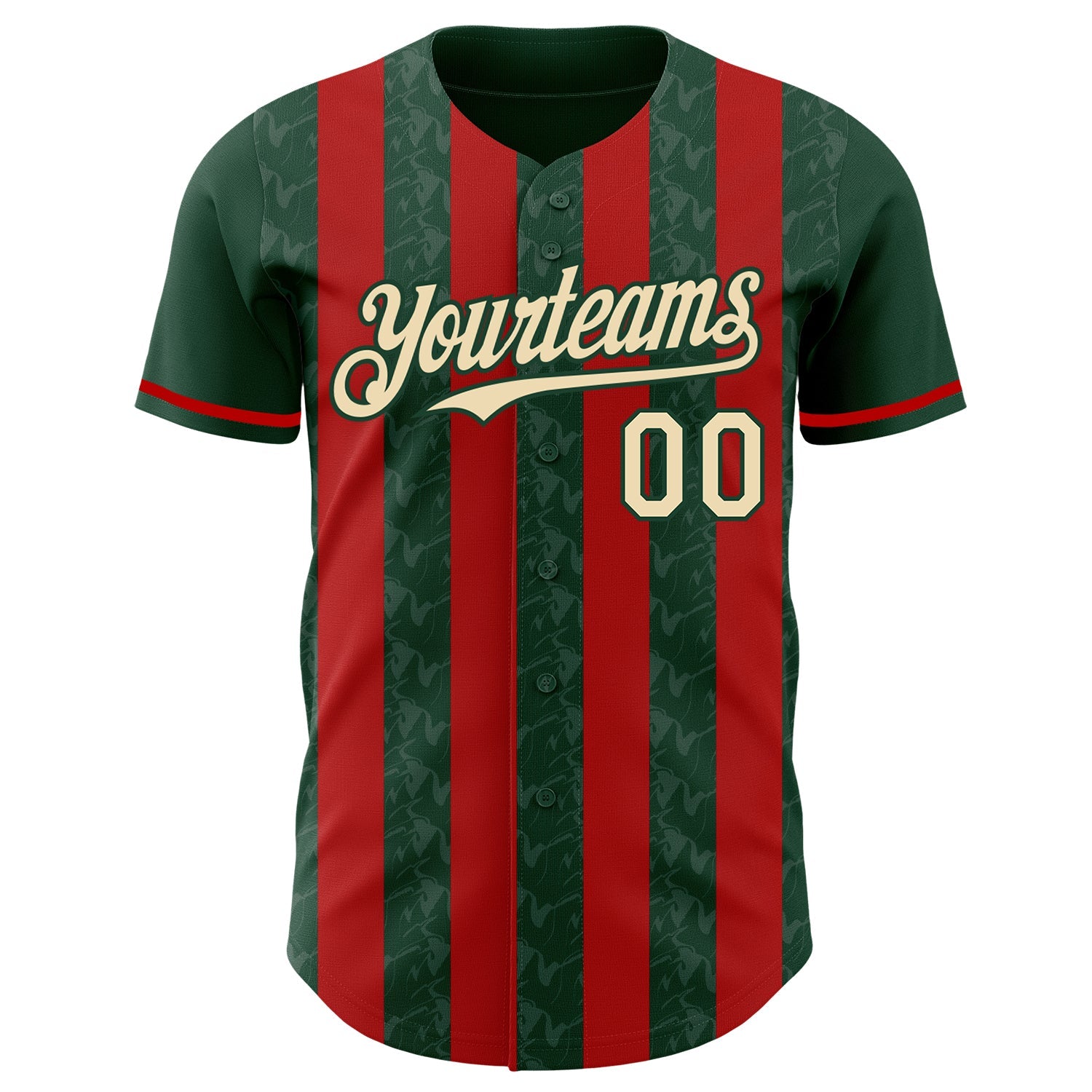 Custom Green Cream-Red Classic Vertical Stripe Fluid Liquid Texture Authentic Baseball Jersey view 2