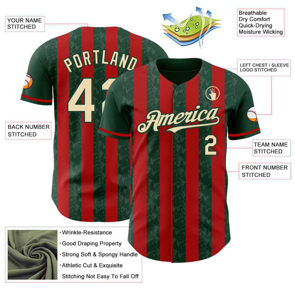 Custom Green Cream-Red Classic Vertical Stripe Fluid Liquid Texture Authentic Baseball Jersey view 3