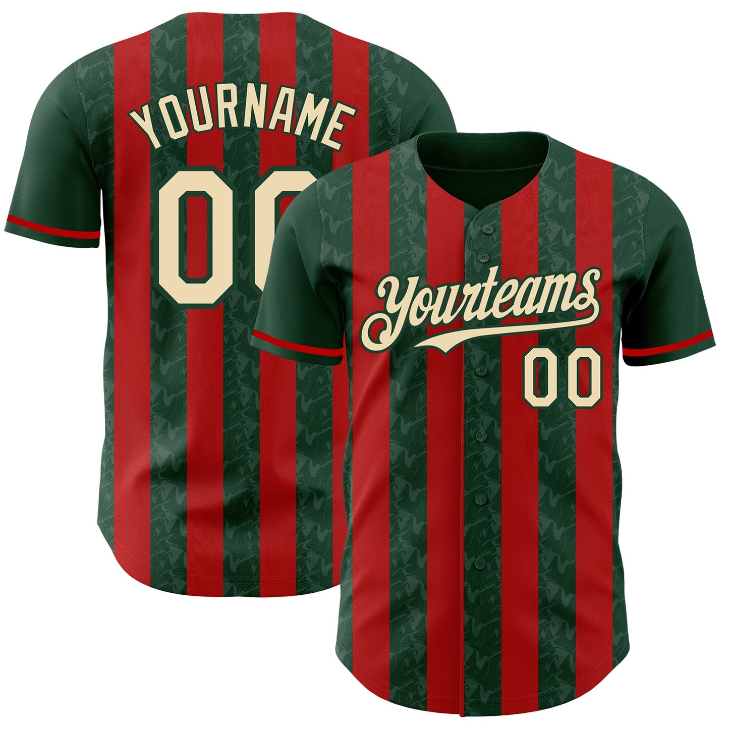 Custom Green Cream-Red Classic Vertical Stripe Fluid Liquid Texture Authentic Baseball Jersey - Main View
