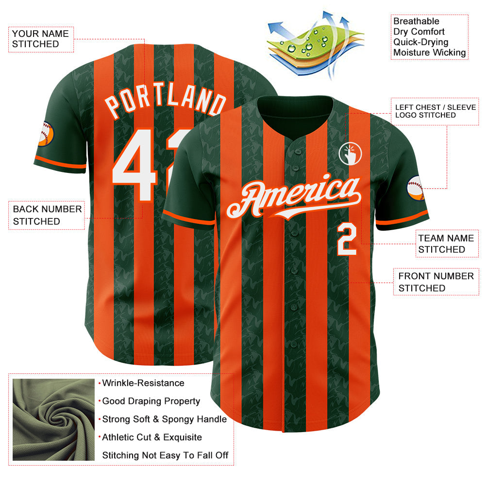 Custom Green White-Orange Classic Vertical Stripe Fluid Liquid Texture Authentic Baseball Jersey view 3
