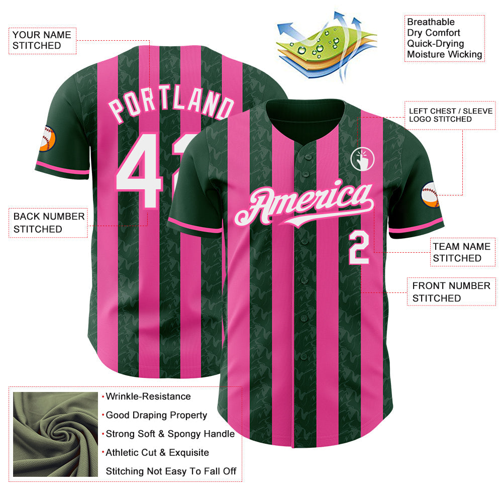 Custom Green White-Pink Classic Vertical Stripe Fluid Liquid Texture Authentic Baseball Jersey view 3